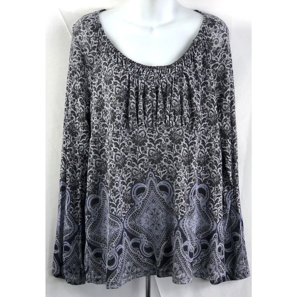 Vtg Liz Wear Top XXL gray Geo Balloon Long Sleeve Pleated Smocked scoopneck Boho